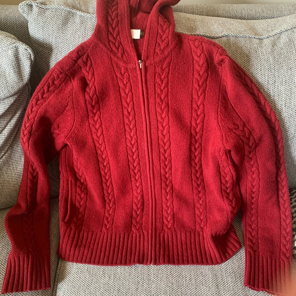 J. Crew Red Cable Knit Zip-Up Hoodie Sweater